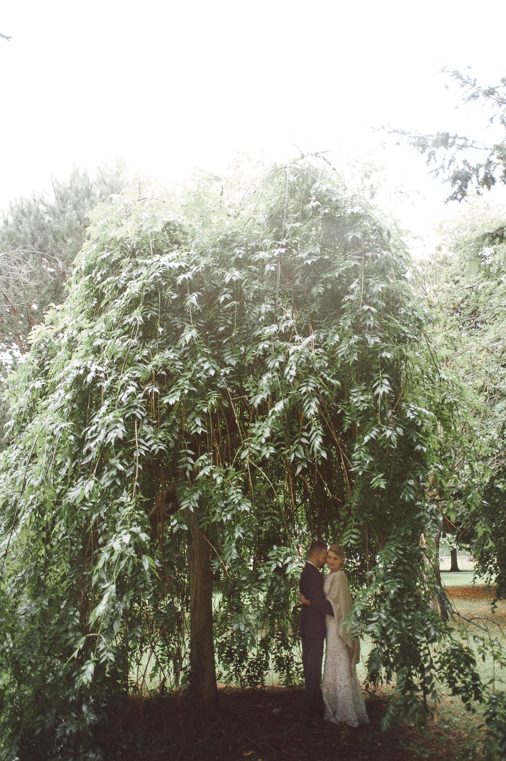 bride an groom under willow tree