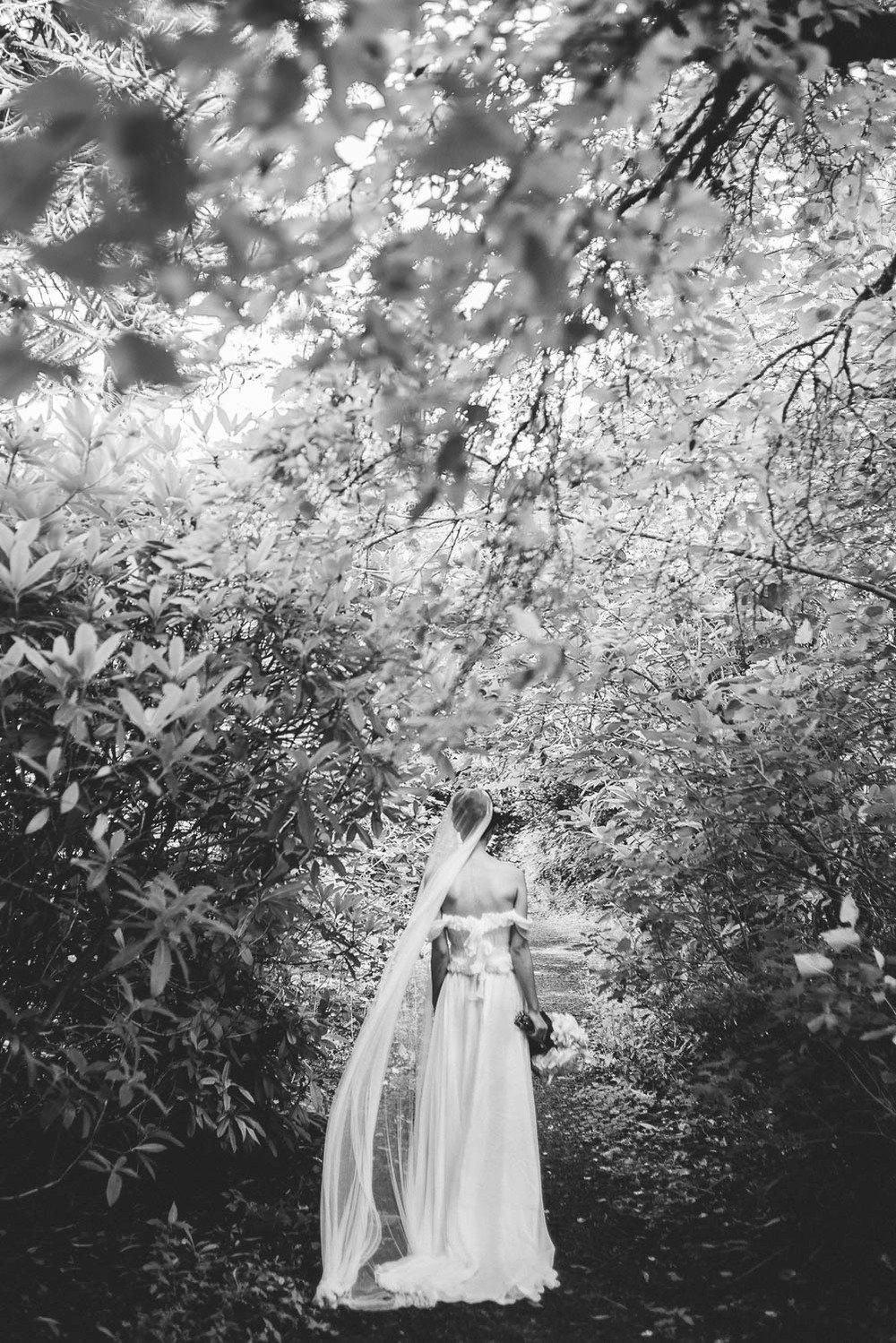 back of brides wedding dress and veil 