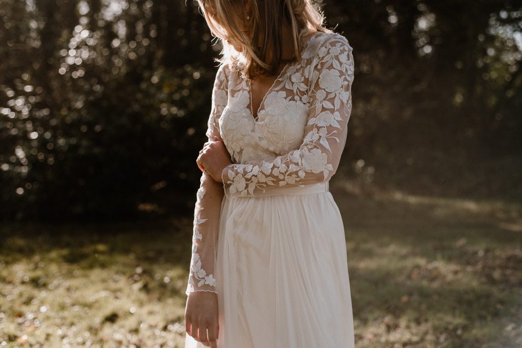 close up of brides lace sleeves 
