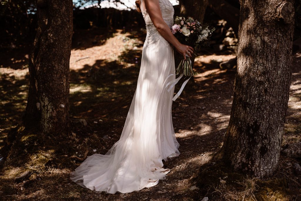 close up of the train of brides dress 